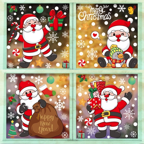 Christmas Static Window Stickers PVC Santa Claus Snowflakes Trees Removable Reusable Glass Decals For Holiday Party Decor
