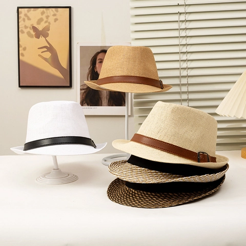 Straw Fedora Hat Vintage British Style Jazz Panama Sun Protection Summer Breathable With Leather Belt Metal Buckle