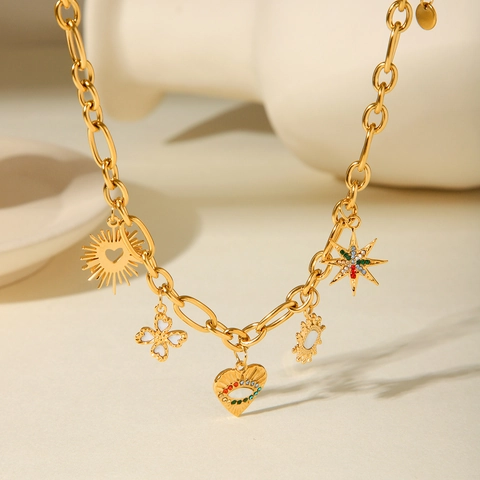 Edelstahl Multi Anhänger Halskette Evil Eye Herz Stern Sonne Klee Zirkon Y2K Stil Schmuck Für Frauen
