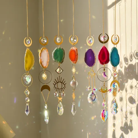 Acchiappasole In Cristallo Fetta Di Agata Naturale Prisma Ornamento Appeso Luna Sole Stella Boho Finestra Giardino Arcobaleno