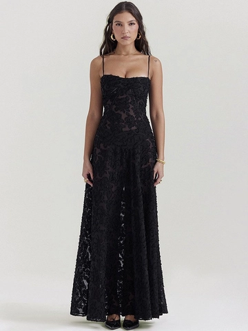 Elegante Abito Maxi Da Donna In Pizzo Nero Con Spalline Sottili Vestibilità Aderente Schiena Scoperta Abito Da Sera Con Ricami Floreali