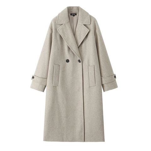 Manteau Long En Laine Pour Femmes Double Boutonnage Col À Revers Coupe Ample Couleur Unie Pardessus D'hiver