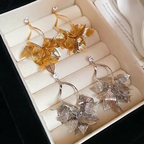 Orecchini Pendenti Con Nappe A Foglia Cava E Zircone Con Perno In Argento Sterling 925 Gioielli Eleganti Vintage