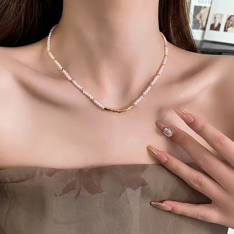 Vintage Elegante Weiße Muschelperle Halskette Mit 18K Vergoldeten Kupferperlen Modische Schlüsselbeinkette Für Damen