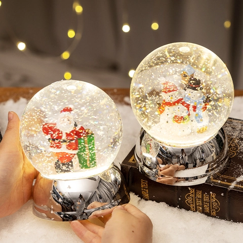 Christmas Snow Globe LED Light Up Silver Base Plastic Liquid Glitter Ornament Holiday Decor Santa Snowman Reindeer
