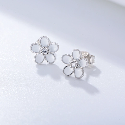 S925 Sterling Silver Flower Stud Earrings French Enamel White Daisy Rhinestone Inlaid Earrings Sweet Jewelry For Women Gift