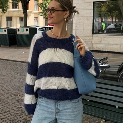Γυναικείο Oversized Πλεκτό Πουλόβερ Μπλε Λευκό Ριγέ Στρογγυλή Λαιμόκοψη Μακρυμάνικο Χαλαρό