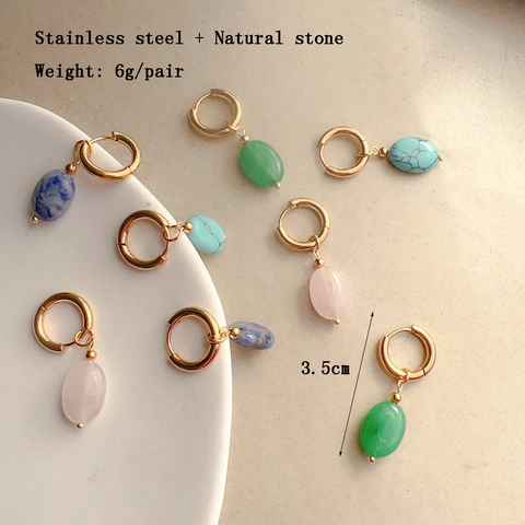 French Retro Hoop Earrings With Oval Natural Stone Pendants Stainless Steel Gold Plated Vintage Jewelry For Women