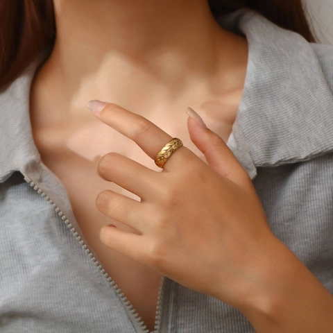 Edelstahl Ähren Ring Für Damen 18K Vergoldet Minimalistisch Geflochten Verstellbar Offen Geometrischer Schmuck Geschenk