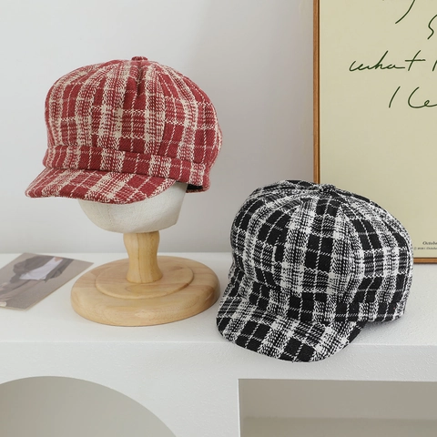 Kinder Mädchen Schiebermütze Plaid Tweed Achteckige Mütze Warme Winter Baskenmütze Vintage Kariert Kurze Krempe Kopfbedeckung