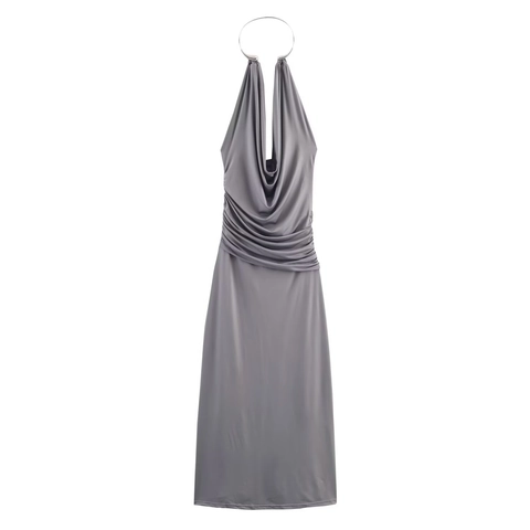 Elegantes Neckholder Maxikleid Satin Satin Polyester Metallring Wasserfall Ausschnitt Gerafft Rückenfrei Party Damen