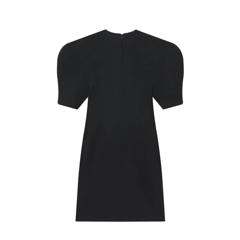 Vestido Corto Color Sólido Mujer Manga Abullonada Corta Cuello Redondo Bolsillos Cremallera Elegante Poliéster Verano