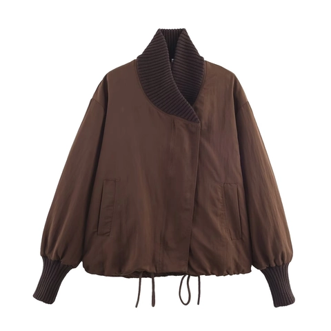 Women Jacket Ribbed Knit Collar Zipper Loose Long Sleeve Drawstring Hem Solid Brown Outerwear