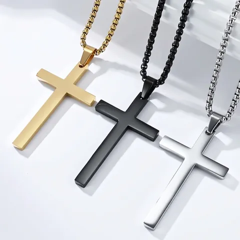 Polished Cross Pendant Necklace Stainless Steel 18K Gold Plated Simple Religious Jewelry Gift For Men Women Hip Hop Style