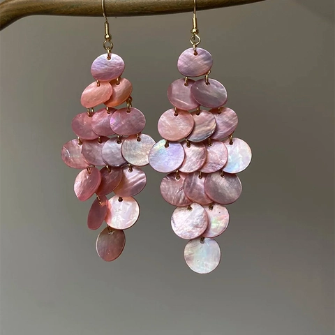 Pendientes Bohemios De Concha Rosa Escalonados Largos Borlas Efecto Nácar Con Gancho De Plata De Ley 925