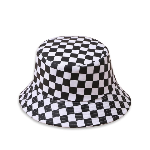 Checkerboard Pattern Cotton Bucket Hat Black And White Wide Brim Sun Protection Streetwear Casual For Men Women