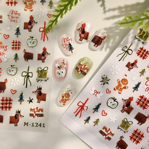 Autocollants Pour Ongles De Noël Plastique Bonhomme Pain Épices Teckel Flocon De Neige Nœud Décoration De Manucure Fête Rétro M-1241