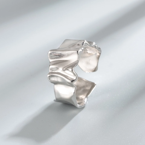 925 Sterling Silver Irregular Crumpled Texture Open Ring For Women Minimalist Metallic Wavy Adjustable Finger Ring Fashion Jewelry