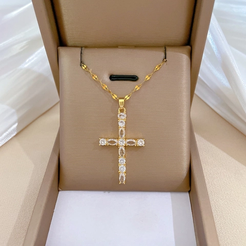 Collana Con Ciondolo A Croce Di Lusso Per Donna Catena In Acciaio Al Titanio Rame Con Intarsio Di Zirconi Gioielli Oro