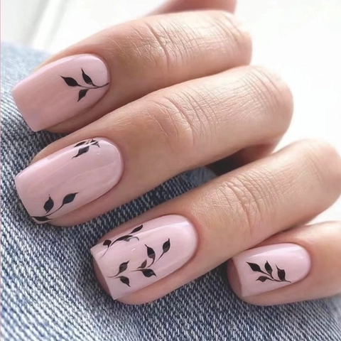 Pink Press On Nails Black Leaf Pattern Glossy Short Square Round Fake Nails Chic Simple Manicure For Women With Glue
