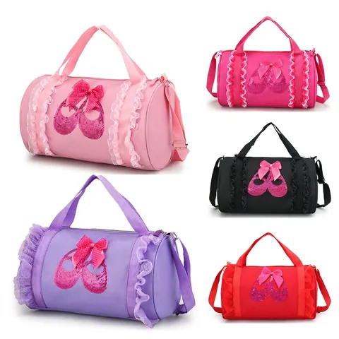 Ballet Dance Bag Kids Girls Oxford Cloth Cylindrical Lace Ruffle Sequin Bowknot Shoulder Handbag For Training