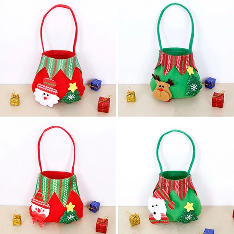 Christmas Gift Bag Fabric Santa Reindeer Tote For Kids Candy Apple Bag Holiday Decor Cute Cartoon Drawstring Pouch