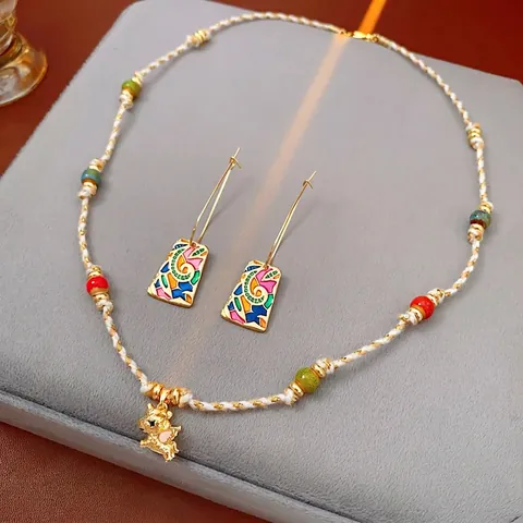 Gioielli Etnici Vintage Collana Orecchini Perline Colorate Corda Intrecciata Ciondolo Animale Dorato Smalto Geometrico Donne