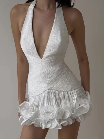 Vestito Mini Halter Donna Pieghettato Poliestere Scollo A V Profondo Orlo Volant Fiori Elegante Schiena Scoperta Festa Moda