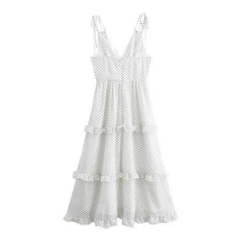 Polka Dot Camisole Maxi Dress Tiered Ruffle Hem V Neck Tie Strap Vintage Style Polyester Sleeveless Women Holiday Sundress