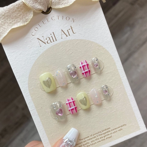 Handgemaakte Kunstnagels Kort Vierkant 3D Hart Ster Strass Cat Eye Glitter Mat Y2K Zoet Nagelkunst Voor Vrouwen