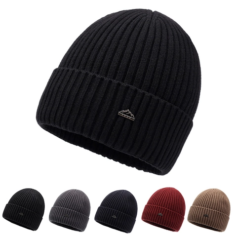 Acryl Strickmütze Beanie Verdickt Fleece Gefüttert Warm Winter Umschlagmütze Mit Metall Berg Logo Outdoor Winddicht