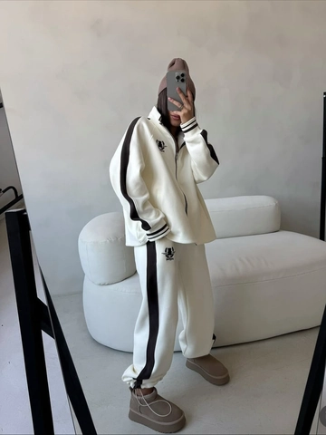 Set Felpa E Pantaloni Da Donna In Misto Cotone Pullover Con Mezza Zip E Pantaloni Sportivi Dritti Righe A Contrasto