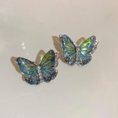 Butterfly Stud Earrings Blue Green Gradient Acrylic Gold Foil Zircon Artificial Pearl With 925 Sterling Silver Earring Post
