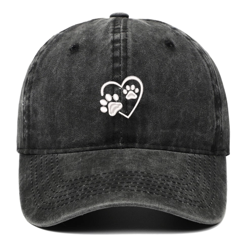 Cute Heart Paw Print Embroidery Washed Cotton Baseball Cap Distressed Retro Adjustable Outdoor Sun Hat For Women Men