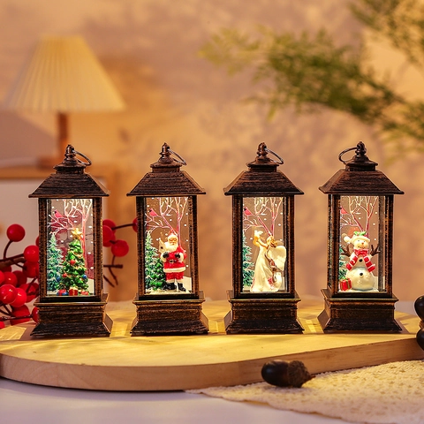 Retro Christmas LED Lantern Decorative Light Vintage Bronze Hanging Tabletop Ornament Santa Snowman Tree Angel Holiday Decor