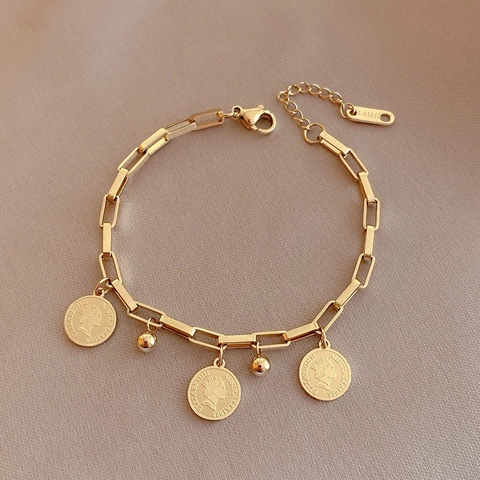 Vintage Edelstahl Königin Kopf Münze Anhänger Kette Armband Vergoldet Verstellbar Mode Schmuck Für Damen Geschenk