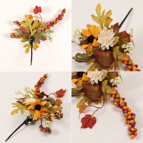 Artificial Autumn Maple Leaf Picks With Sunflowers Mini Pumpkins Berries For Halloween Christmas Home Decor Festive