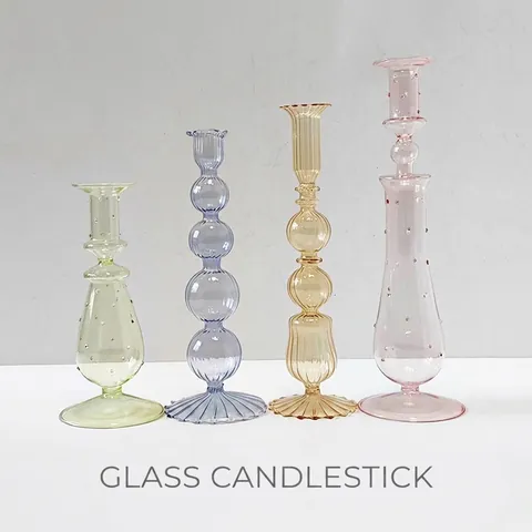 Colored Glass Candle Holder Borosilicate Glass Transparent Ribbed Bubbled Candlestick For Dinner Table Decor Ornament