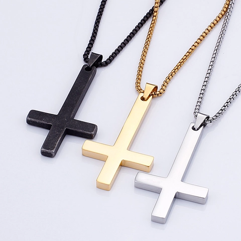 Collar Con Colgante De Cruz Invertida De Acero Inoxidable Estilo Gótico Punk Joyas Para Hombres Con Cadena De Caja