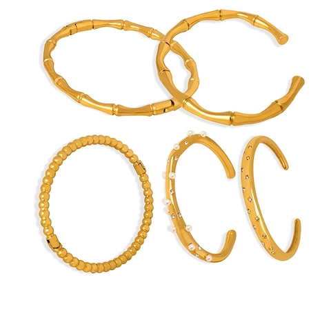 Vintage Bangle Armband Titanium Staal PVD 18K Verguld Bamboe Kunstparel Zirkoon Ster Open Manchet Sieraden Voor Dames