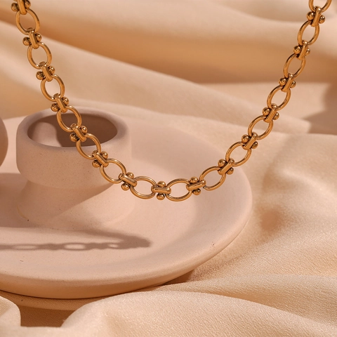 Collana In Acciaio Inossidabile Placcato Oro 18K Per Donna Maglia Ovale Collegamento Perline Geometriche Catena Gioielli