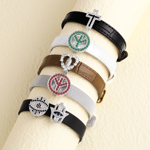 Mesh Stainless Steel And Leather Bracelet With Zircon Cross Evil Eye Hamsa Peace Sign Charms Fashion Religious Jewelry Unisex