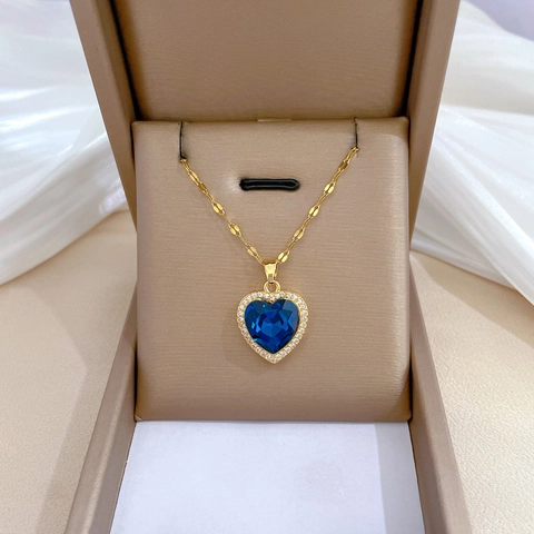 Herz Anhänger Halskette Mit Edelstahlkette Kupfer Mikro Eingelegt Blauer Edelstein Strass Schlüsselbeinkette Luxus