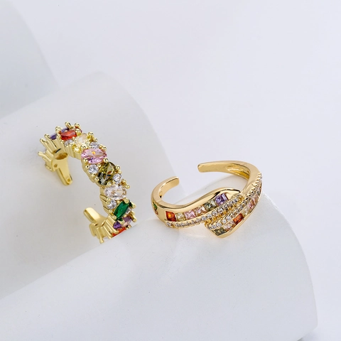 Anillo Ajustable Abierto Geométrico Cobre Bañado En Oro 18K Micro Engastado Circonita Colorida Joyería Lujo Elegante Mujeres