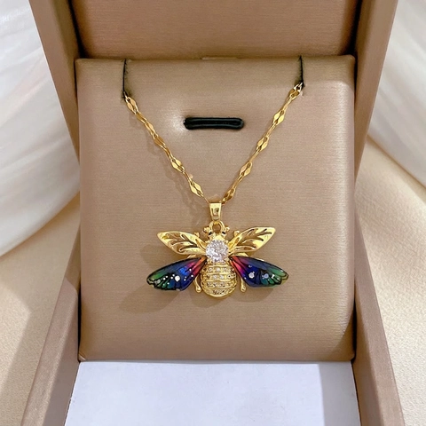 Collana Con Ciondolo Ape Catena In Acciaio Inossidabile Rame Zircone Smalto Ali Sfumate Colorate Gioielli Eleganti Per Donne