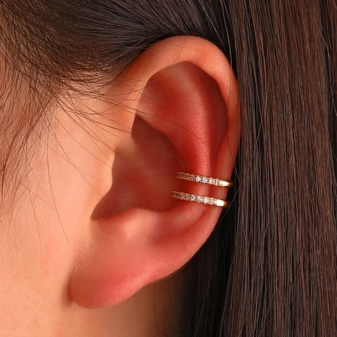 Geometric Double Layer Ear Bone Clip Copper With Cubic Zirconia Non Piercing Trendy Simple Jewelry For Women