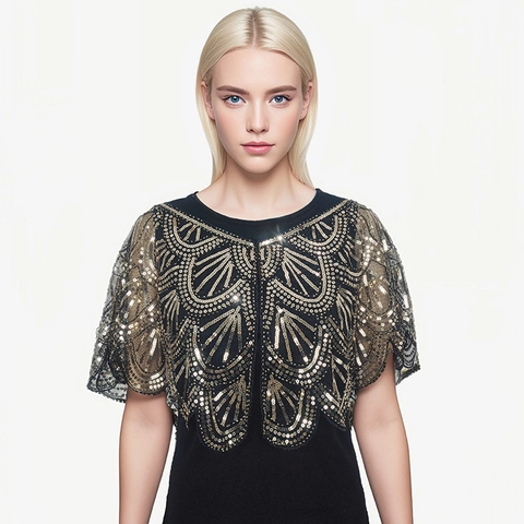 Damen Vintage Pailletten Schal Perlenbesetzt Mesh Abend Capelet Elegant Kurz Cape Brautwickel Für Hochzeit Party Abendkleid