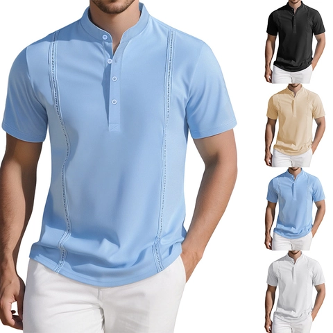 Maglia Henley Da Uomo Manica Corta Traspirante Poliestere Pintuck Decorativo Top Estate Spiaggia Vacanza