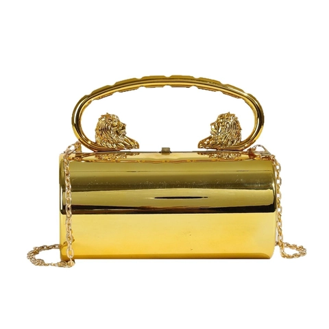 Cylindrical Evening Bag Acrylic Mirror Clutch With Lion Dragon Head Handle Metal Chain Crossbody Handbag For Women