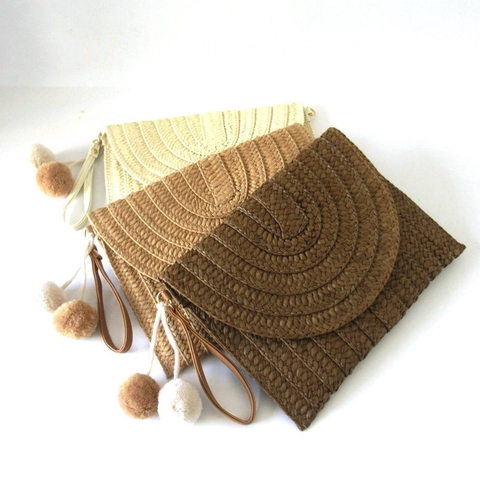 Sommer Gewebte Papier Stroh Briefumschlag Clutch Tasche Mit Abnehmbarem Schultergurt Handgelenkschlaufe Zwei Pompons Urlaub Boho Für Damen